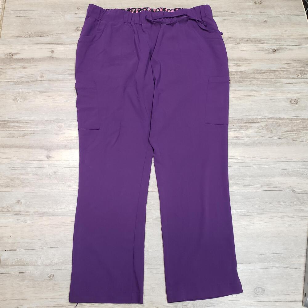 Betsey Johnson Scrub Pants Womens XL Purple Floral Waist Cargo Pockets Stretch